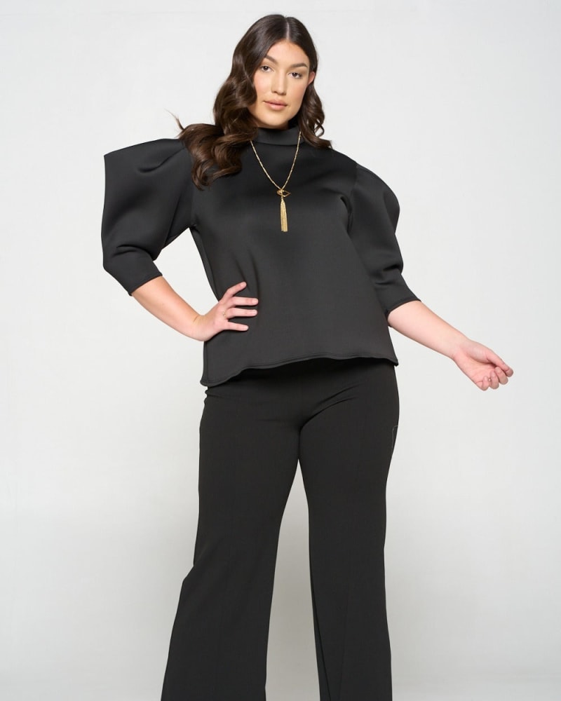 Front of a model wearing a plus size Statement Sleeve Neoprene Top in Black by L I V D. | dia_product_style_image_id:240162